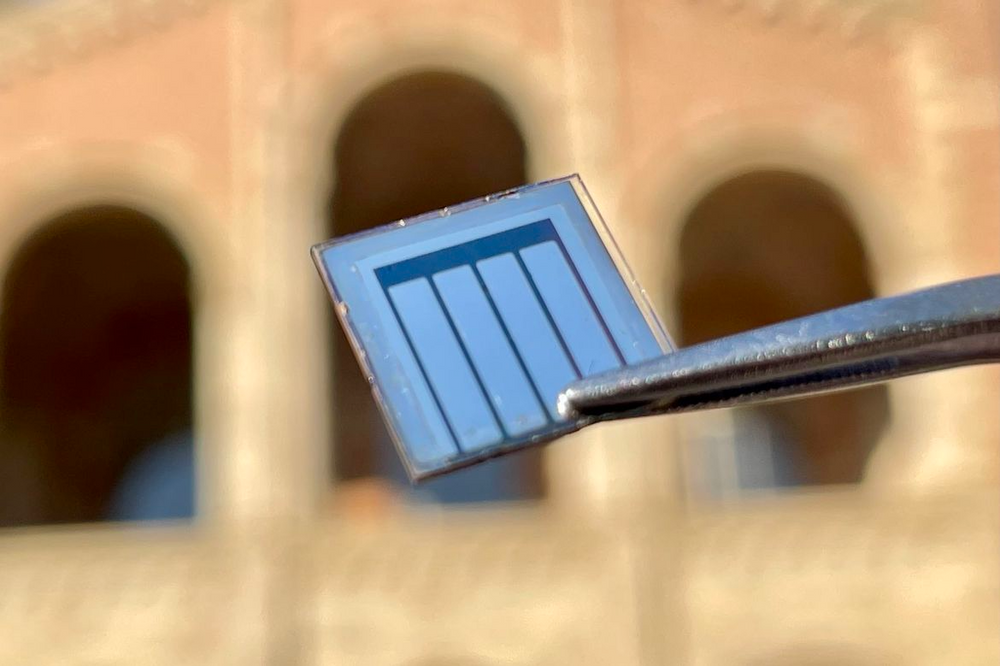 perovskite solar cell held with tweezers